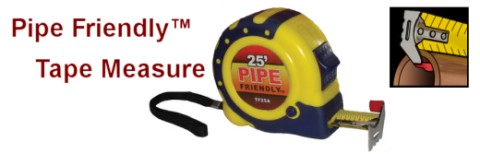 The Pipe Friendly Tape Measure features a patented endpiece with a built-in J-shaped hook for Easy one person Pipe measuring