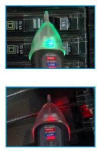 The tip is illuminated by a green LED when powered on and switches to a red flashing LED when Voltage is sensed.