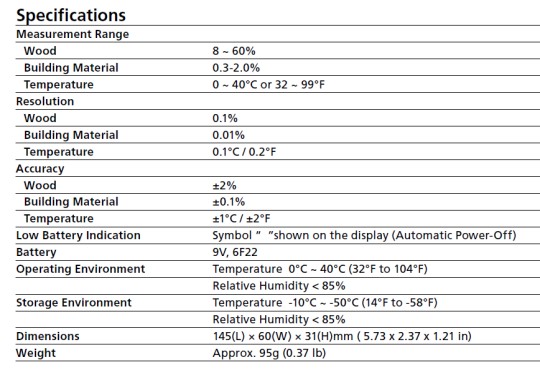 MT-10 Moisture Meter Specifications