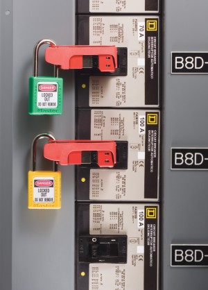 Xenoy Safety Padlocks in use, locking out Circuit Breakers