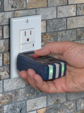 The R5500 Transmitter generates a signal by a plug style tool that also verifies the correct wiring of outlets with colored LEDs and includes GFCI test functionality