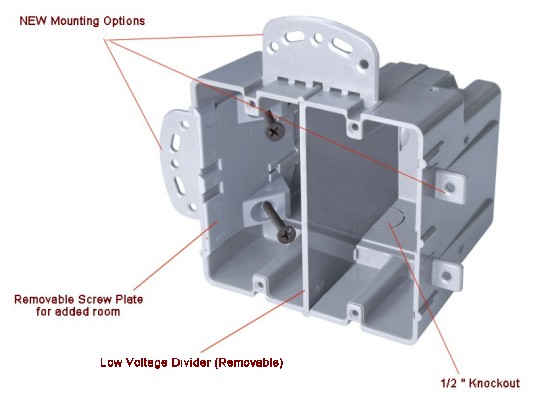 NEW Multi-Mount SmartBoxes mount Horizontally, or Vertically, have 1/2" KOs and a Removable Low Voltage Divider
